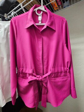 WynneLayers Button-Front Self-Tie Blouse w/ Pockets - Pink - Size L